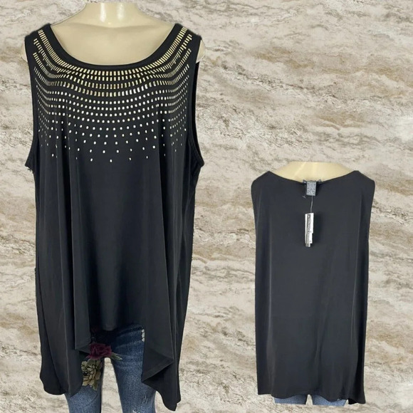 Chelsea & Theodore Plus 3X Black Metallic Studded Scoop Neck Hanky Hem Tank Top - Picture 1 of 6
